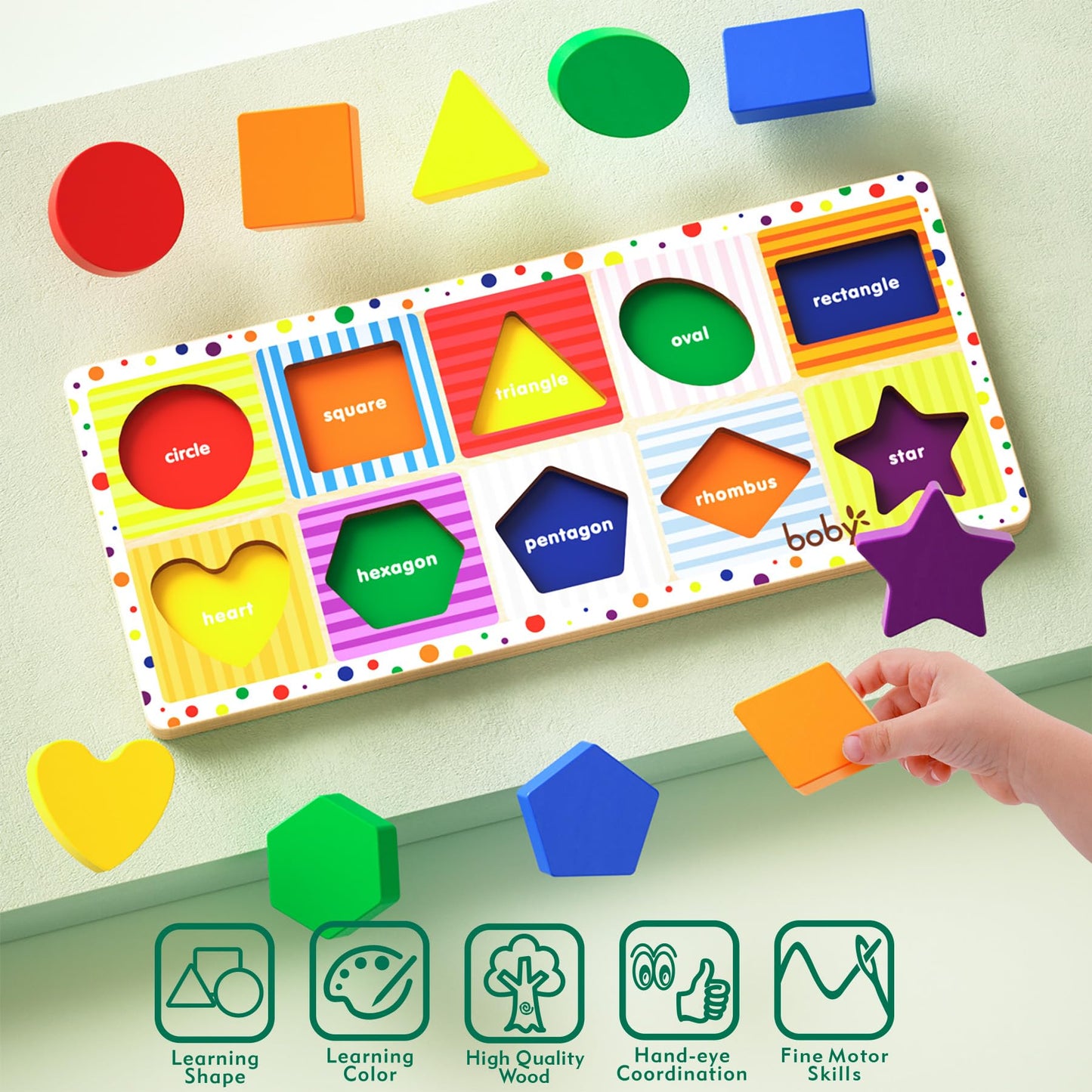 Dailyfunn Wooden Geometric Shape Puzzle (10 pcs) Toddler Puzzles for Ages 1-3 Years Old 12-18-24