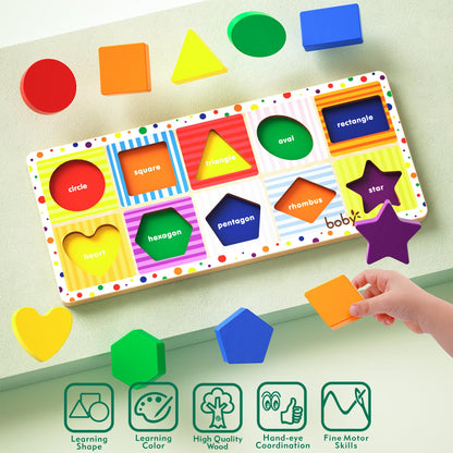 Dailyfunn Wooden Geometric Shape Puzzle (10 pcs) Toddler Puzzles for Ages 1-3 Years Old 12-18-24