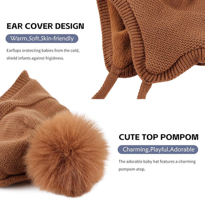Basic Winter Baby Beanie Gloves Boys Girls Knitted Hat Pompom Kids Earflap Hats Warm Infant Toddler