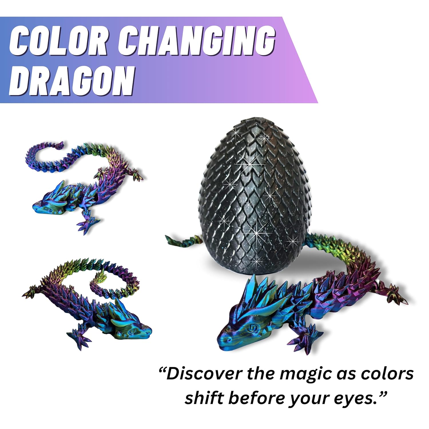 Big 20" Color-Morphing Dragon with Magic Sparkle Egg (Improved Design) Made in USA | Articulated 3D