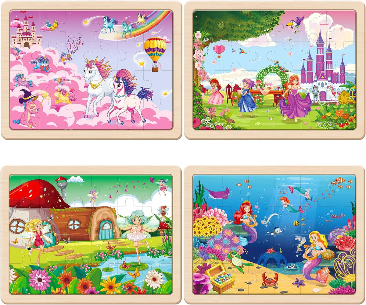 SYNARRY Large Unicorn Mermaid Princess Fairy Wooden Kids Puzzles 4 in 1 Gift Box(12.2 * 9.4 in)