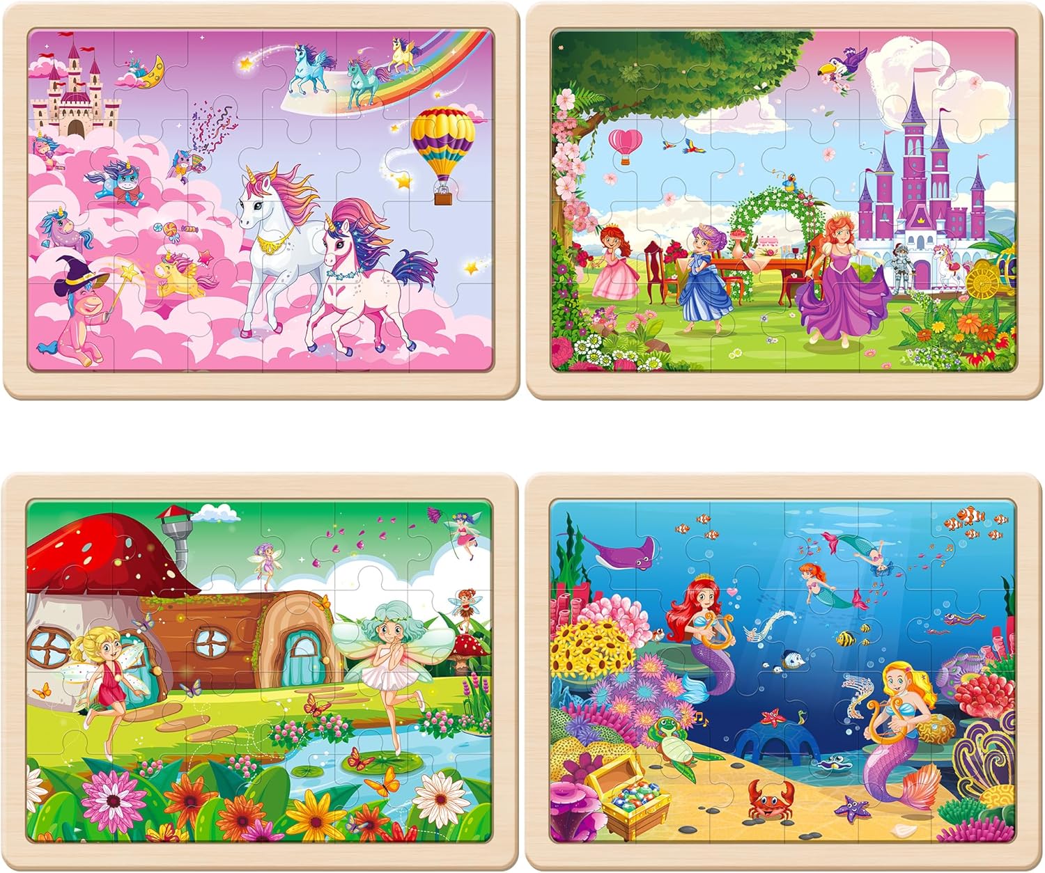 SYNARRY Large Unicorn Mermaid Princess Fairy Wooden Kids Puzzles 4 in 1 Gift Box(12.2 * 9.4 in)