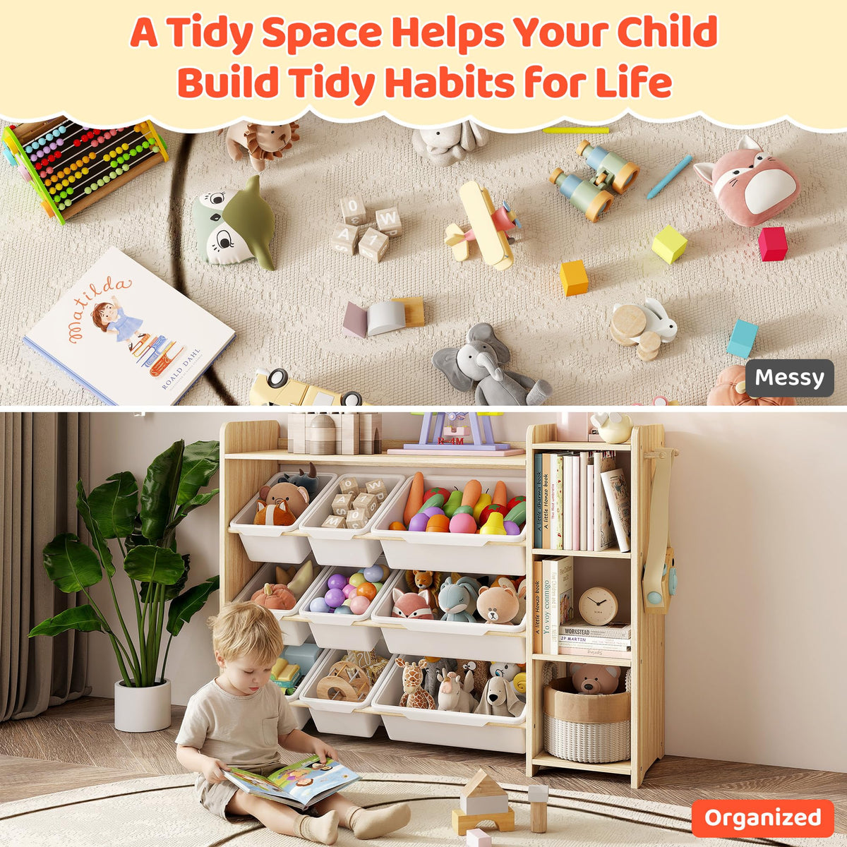 DOREROOM Toy Storage Organizer with Bookshelf, Kids Toy Storage and Organizers with 3 Shelves/9