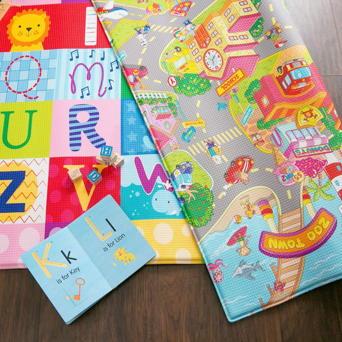 Baby Care Play Mat (Medium, Playful - Zoo Town) 73’’ x 49’’ Original One-Piece Reversible Rollable
