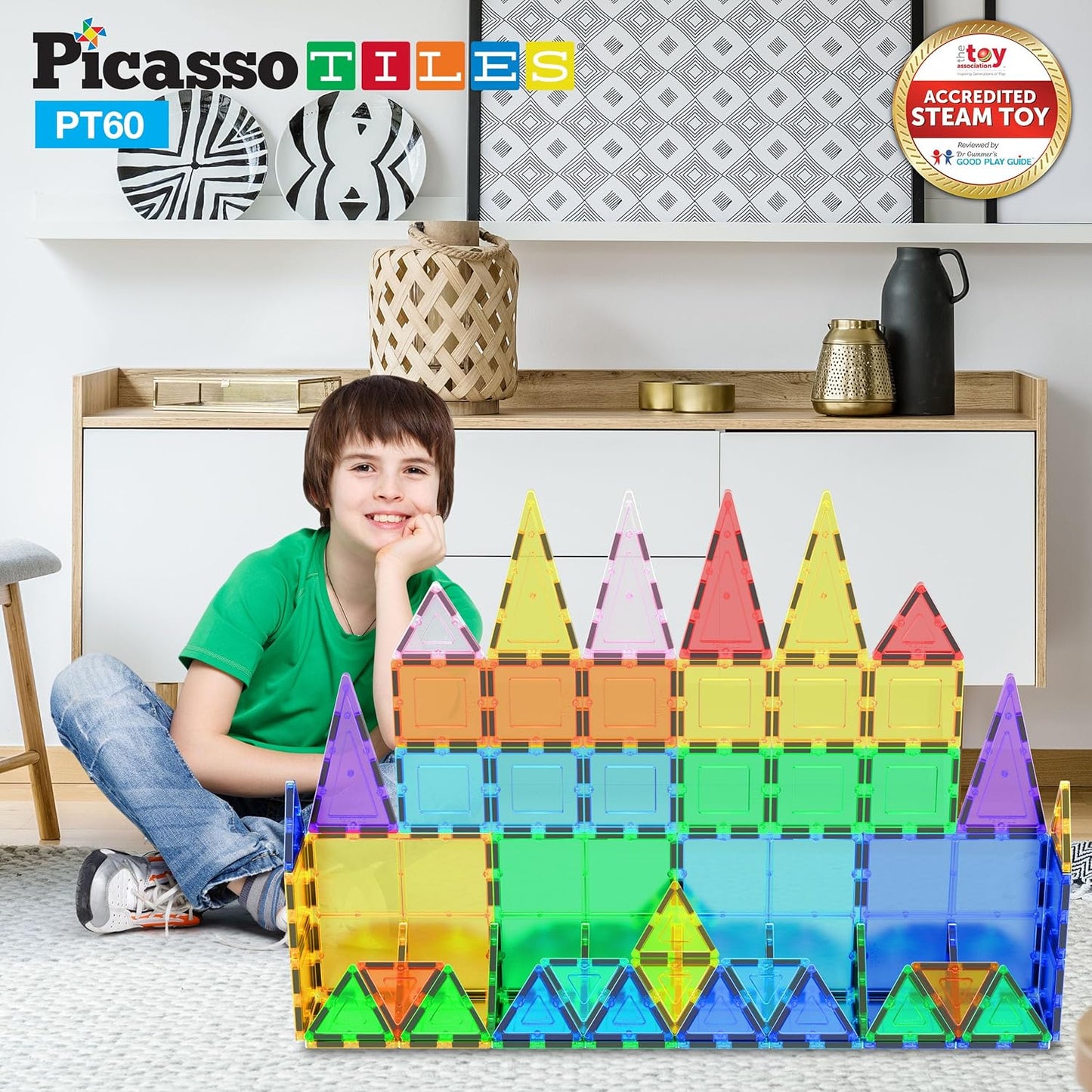 PicassoTiles 60 Piece Set 60pcs Magnet Building Tiles Clear Magnetic 3D Blocks Construction