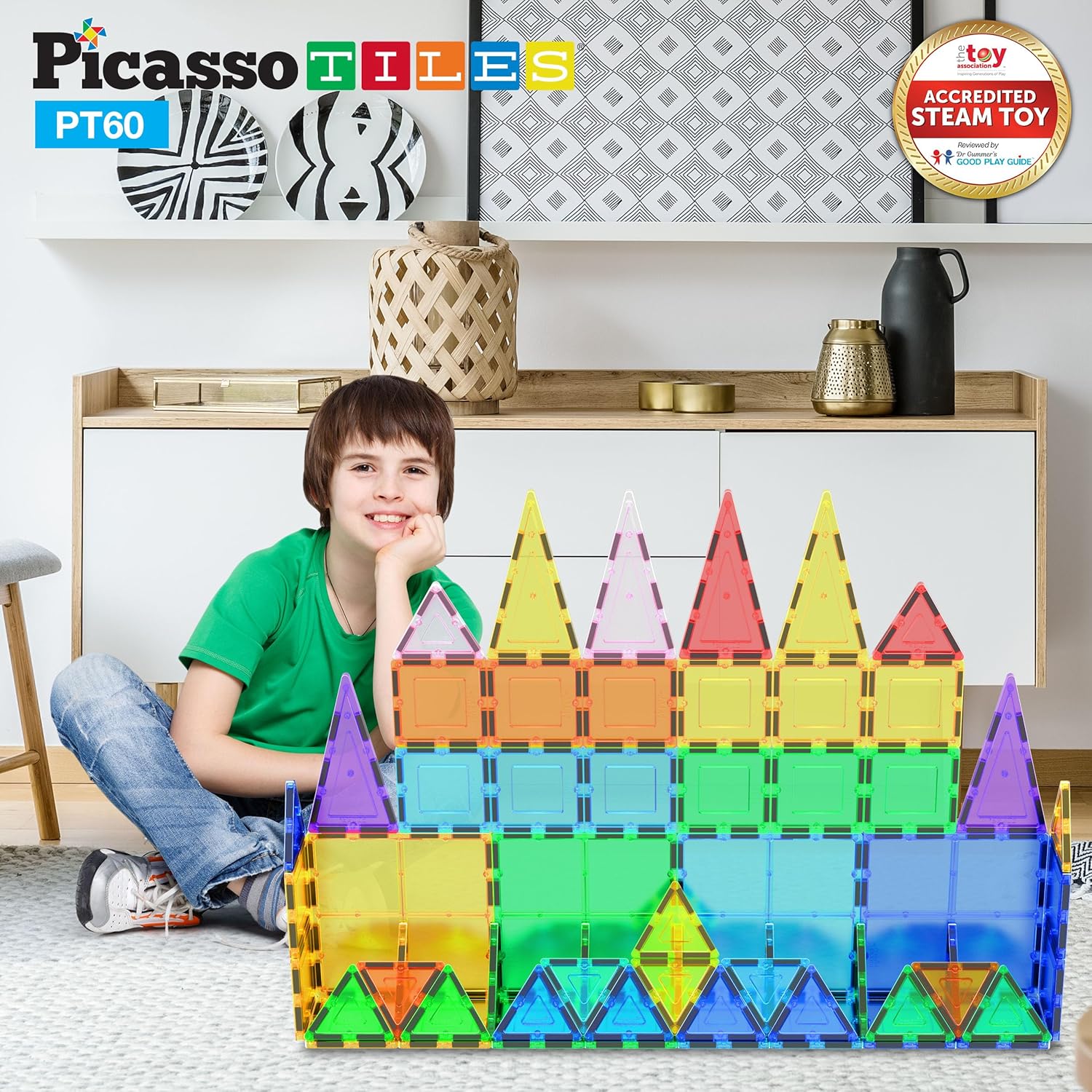 PicassoTiles 60 Piece Set 60pcs Magnet Building Tiles Clear Magnetic 3D Blocks Construction