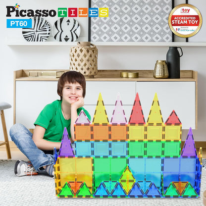 PicassoTiles 60 Piece Set 60pcs Magnet Building Tiles Clear Magnetic 3D Blocks Construction