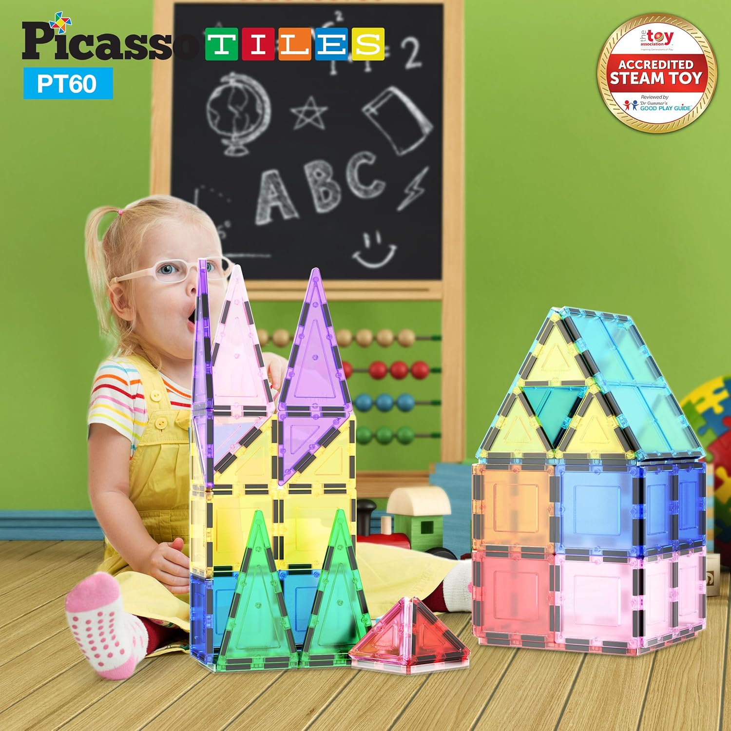 PicassoTiles 60 Piece Set 60pcs Magnet Building Tiles Clear Magnetic 3D Blocks Construction