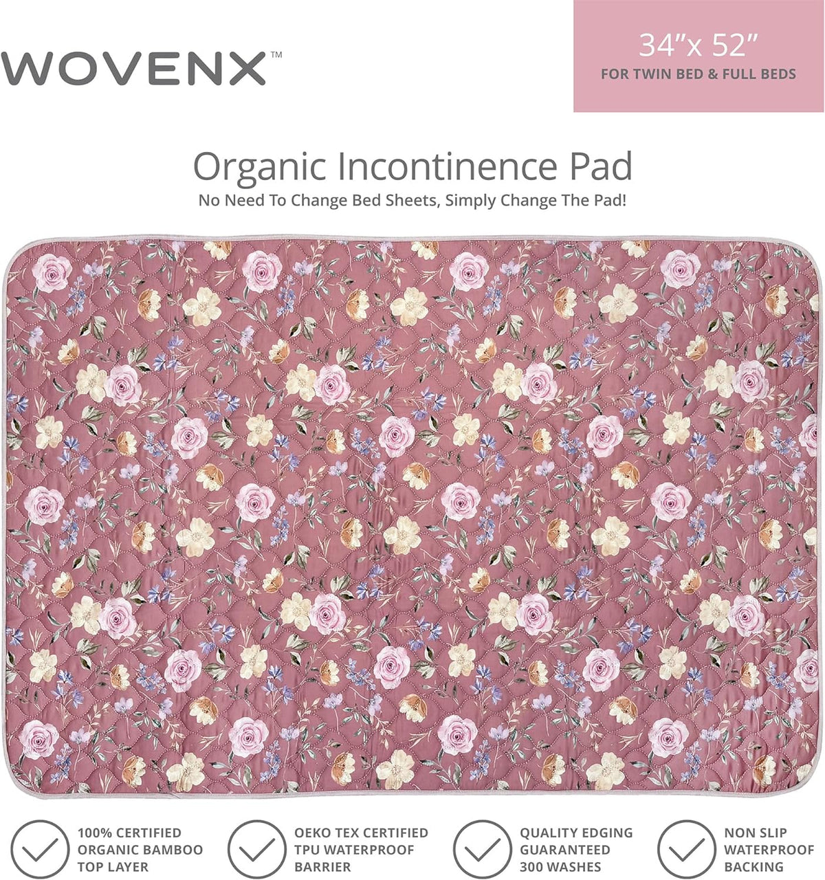 Organic Incontinence Pad for Period - Waterproof Protectors - Reusable Washable Pee Pad - Fits Twin