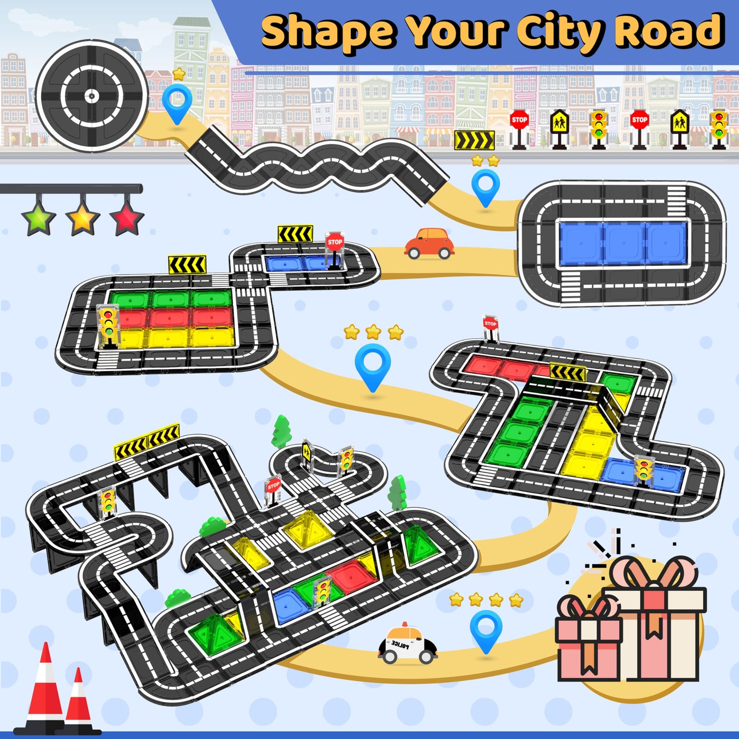 Magnetic Tiles - Road Set, Magnetic Building Blocks, Preschool Montessori Toys Gift for 3+ Year Old
