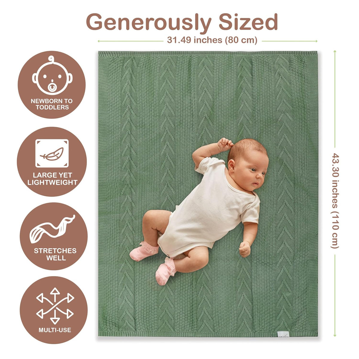Organic Cotton Baby Blanket - 31.5 x 43.3 Inches, Soft Knitted Crib Blanket for Boys & Girls