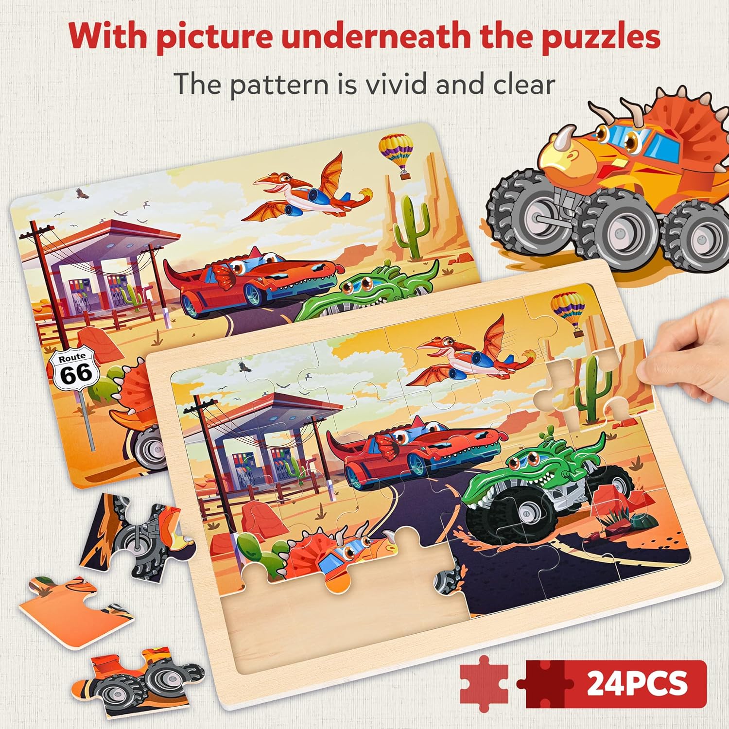 SYNARRY Large Wooden Monster Truck Puzzles for Kids Gift Box(12.2*9.4 in) - FSC Certified, 24 Piece