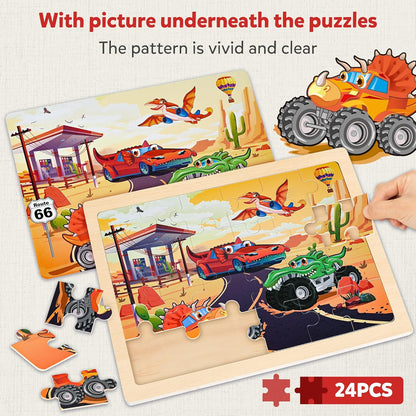 SYNARRY Large Wooden Monster Truck Puzzles for Kids Gift Box(12.2*9.4 in) - FSC Certified, 24 Piece