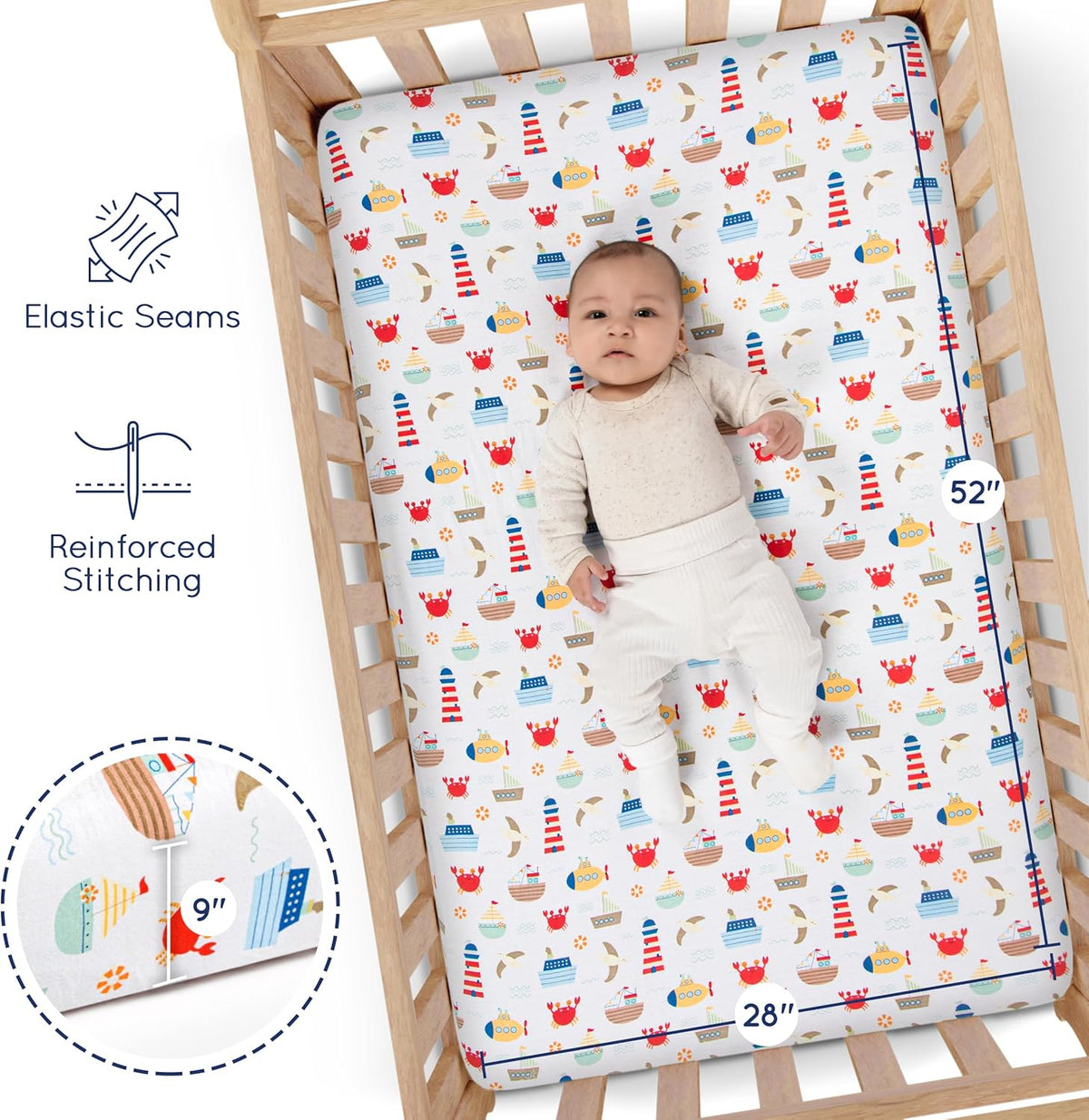 GROW WILD Nautical & Ships Baby Crib Sheets for Boys (3 Pack) - Jersey Knit Fitted Sheet (52" x