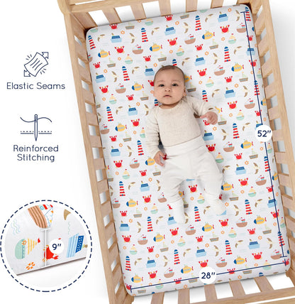 GROW WILD Nautical & Ships Baby Crib Sheets for Boys (3 Pack) - Jersey Knit Fitted Sheet (52" x