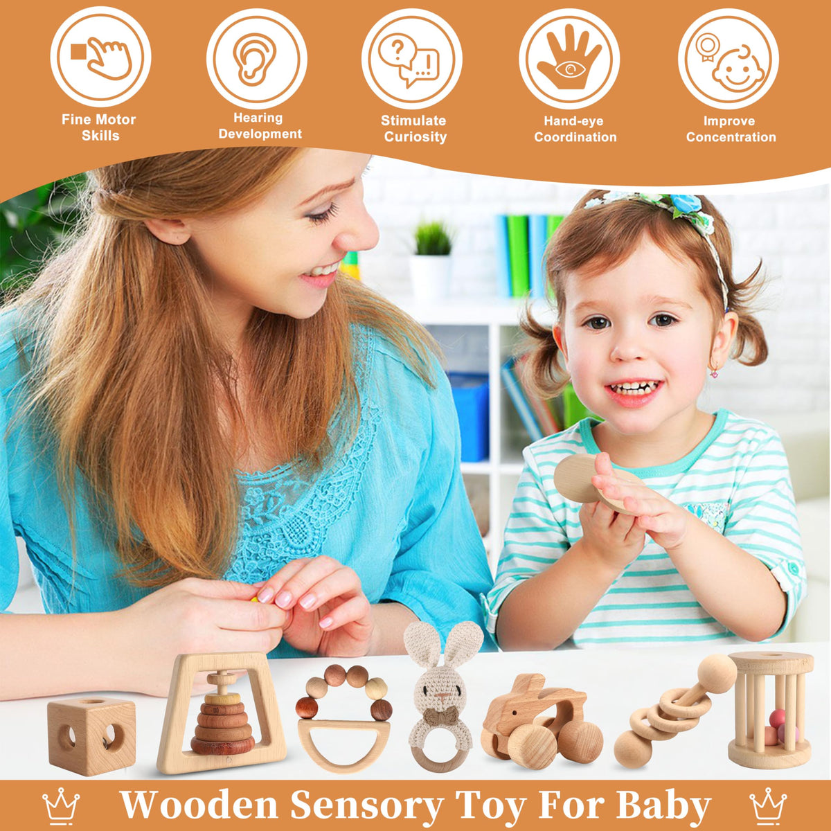 Wooden Toys for Babies, 7PCS Wooden Baby Rattle for 7-24 Months Boys Girls, Natural Wood Montessori