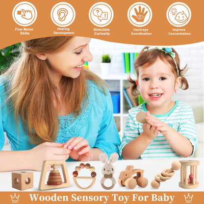 Wooden Toys for Babies, 7PCS Wooden Baby Rattle for 7-24 Months Boys Girls, Natural Wood Montessori