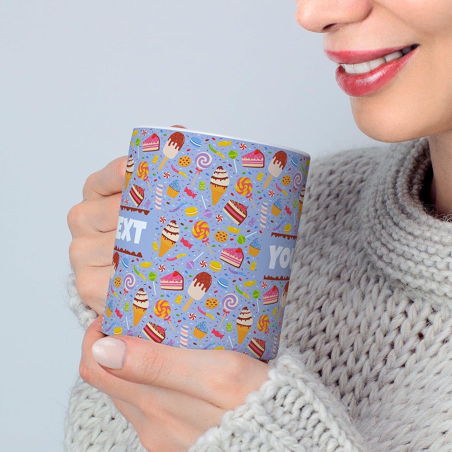 Personalized Mug for Kids - Sweets - Custom Name/Text, Ceramic Hot Chocolate/Cocoa/Coffee Cup for