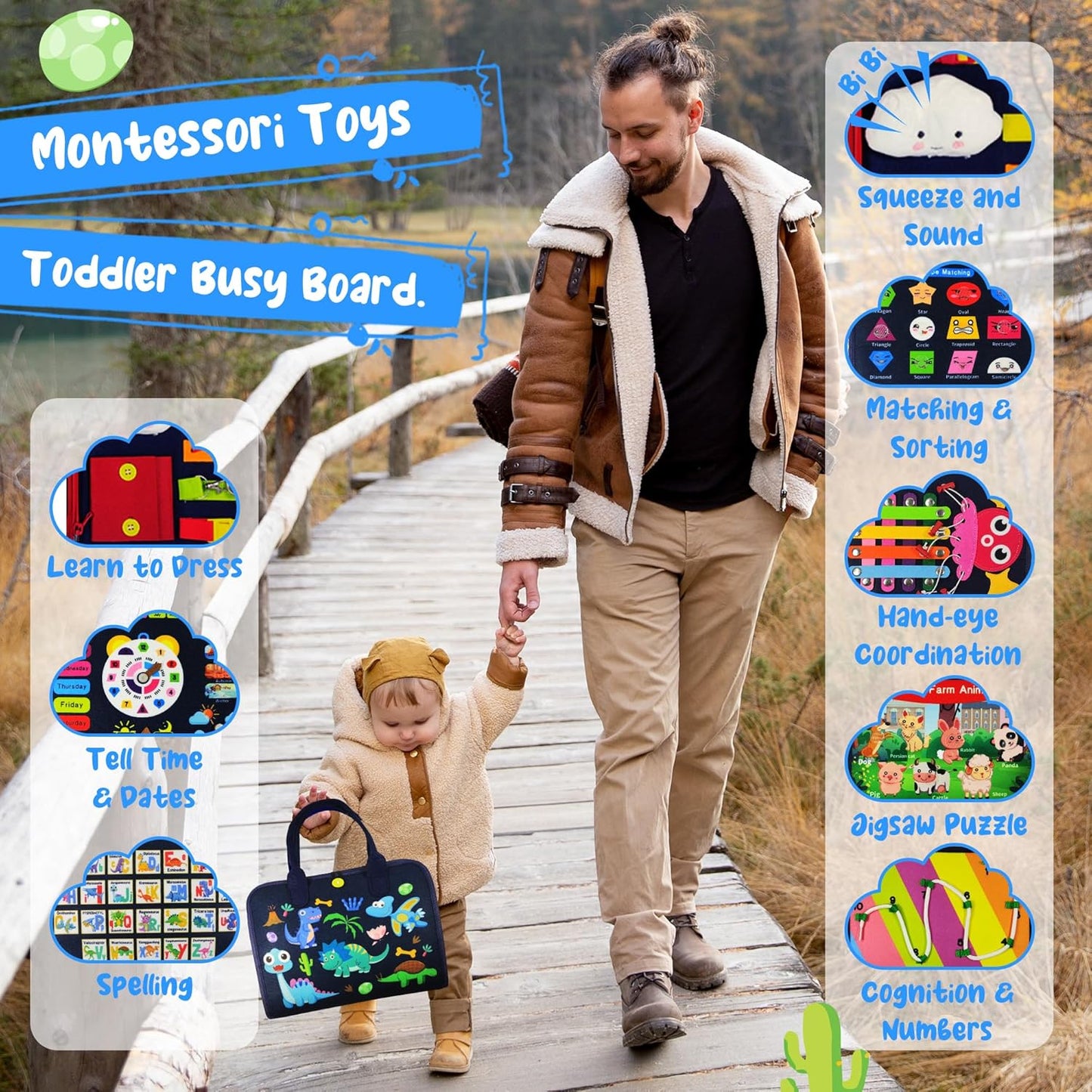 TenFans Busy Board - Montessori Toys for 1 2 3 4 Year Old - Sensory Toys for Toddlers 1-4 - Gifts