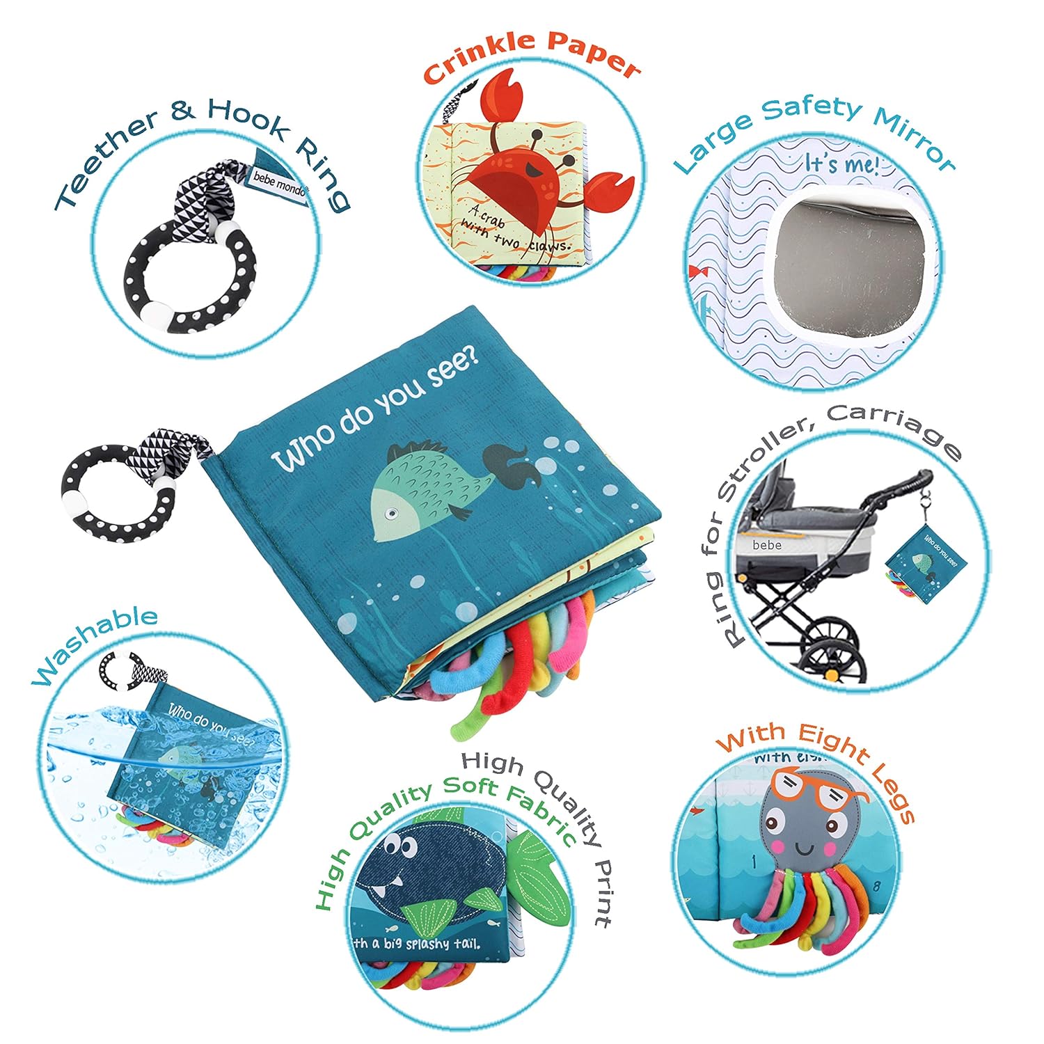 Fish Baby Book 0-6 Months,Touch Feel Cloth Crinkle Books for Babies,Infant Baby Toys 6-12
