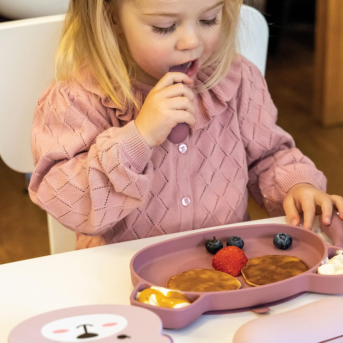 Baby Cutlery with Case - Baby Spoon & Fork Set, Self Feeding Cutlery, Silicone, 6+ Months, Pink