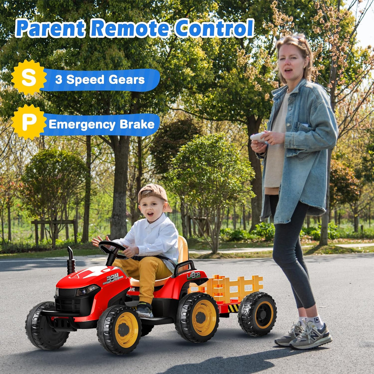 24V Ride On Tractor w/Tiltable & Detachable Trailer, 2x65W Motors, EVA Tires, Remote Control