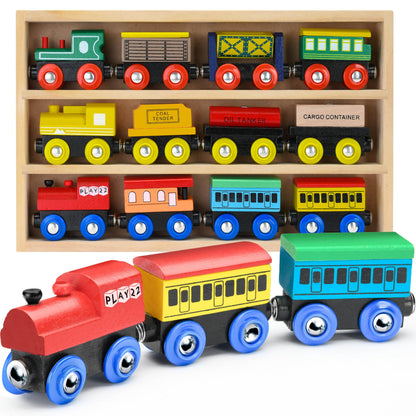 Wooden Train Set 12 PCS - Train Toys Magnetic Set Includes 3 Engines - Toy Train Sets For Kids