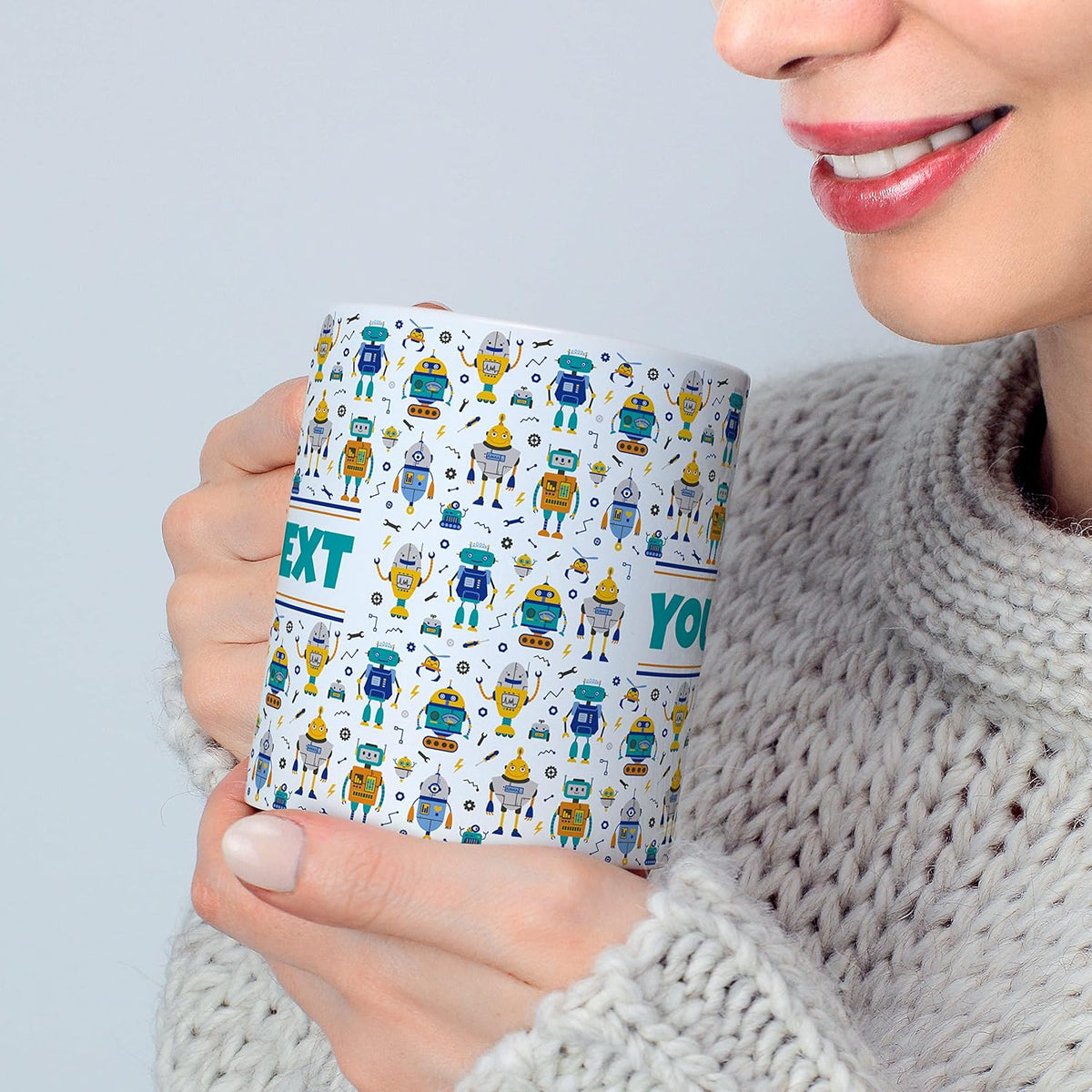 Personalized Mug for Kids - Robots - Custom Name/Text, Ceramic Hot Chocolate/Cocoa/Coffee Cup for