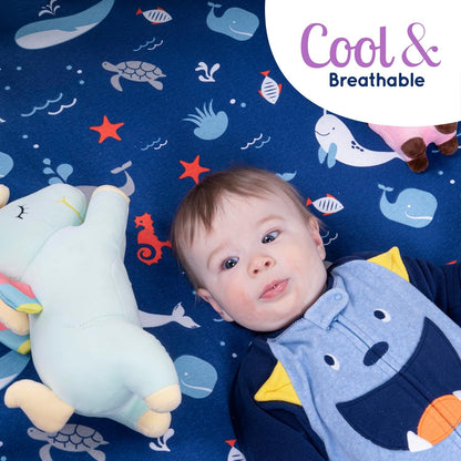 GROW WILD Blue Ocean Baby Crib Sheets for Boys (3 Pack) - Jersey Knit Fitted Sheet (52" x 28")