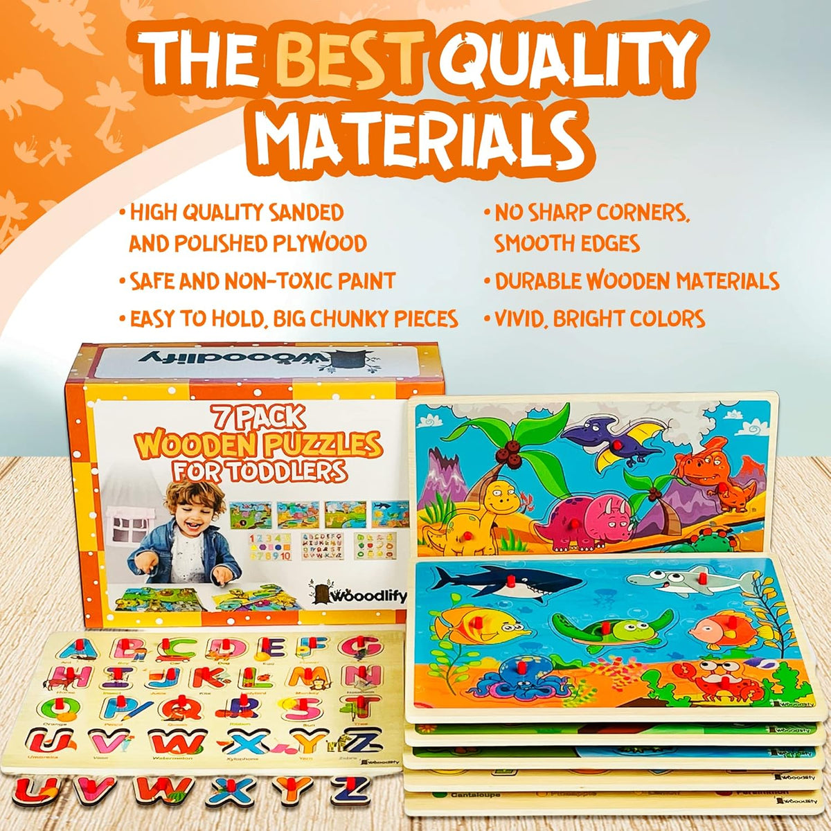 7 Pack Wooden Puzzles for Toddlers 2 3 4 5 Years Old - 7 Colorful Chunky Wood Peg Puzzles for Kids
