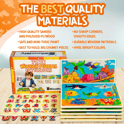 7 Pack Wooden Puzzles for Toddlers 2 3 4 5 Years Old - 7 Colorful Chunky Wood Peg Puzzles for Kids