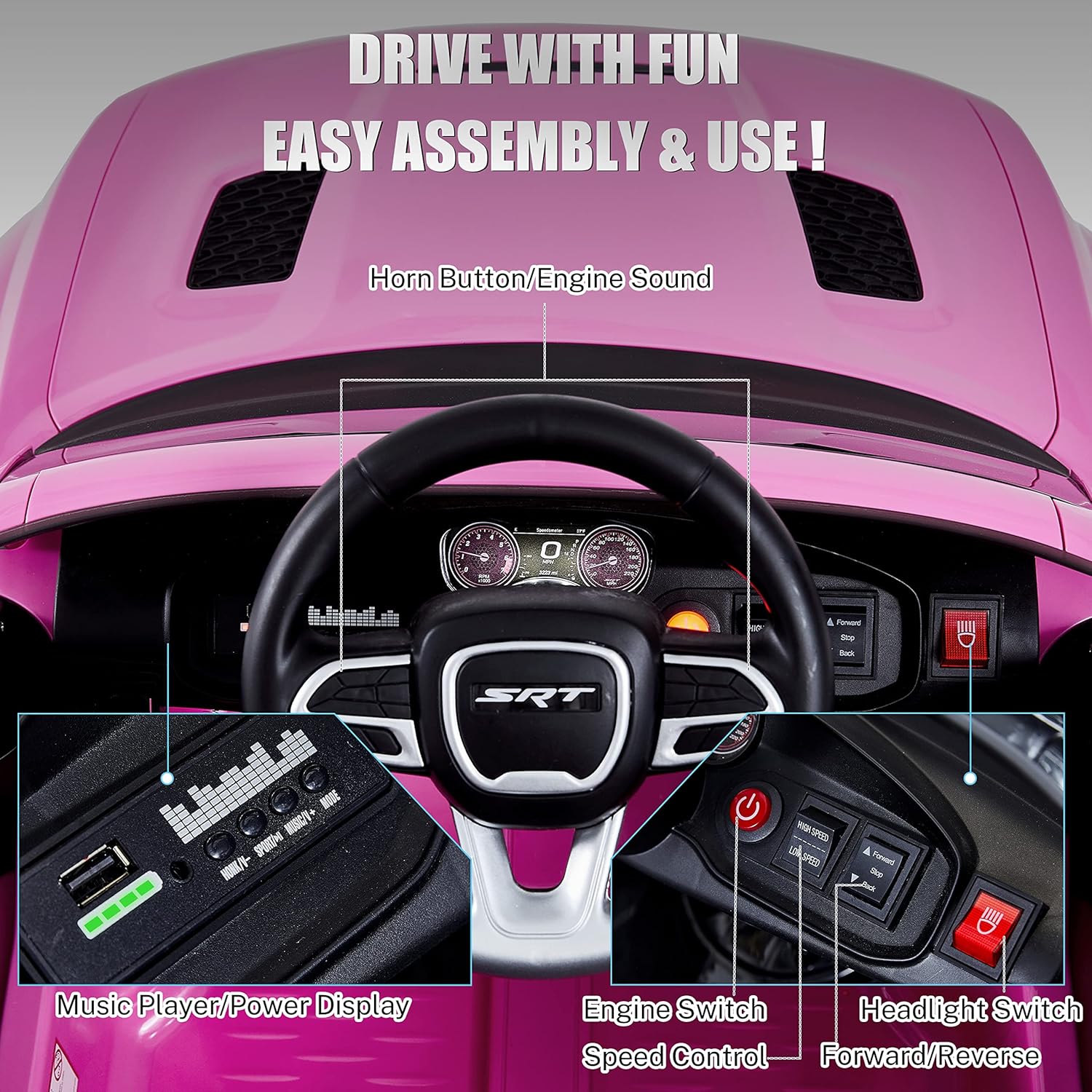 12V 7Ah Kids Electric Ride on Car, Licensed Dodge Charger SRT Hellcat, Battery Powered 4-Wheels Toy