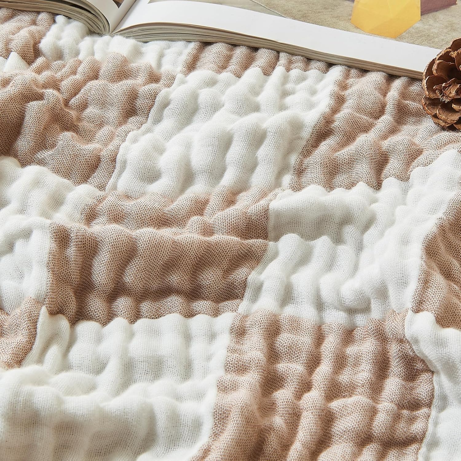 EMME Checkered Cotton Blanket Twin Large 60"x80" 100% Muslin for Couch Breathable Cooling Gauze All