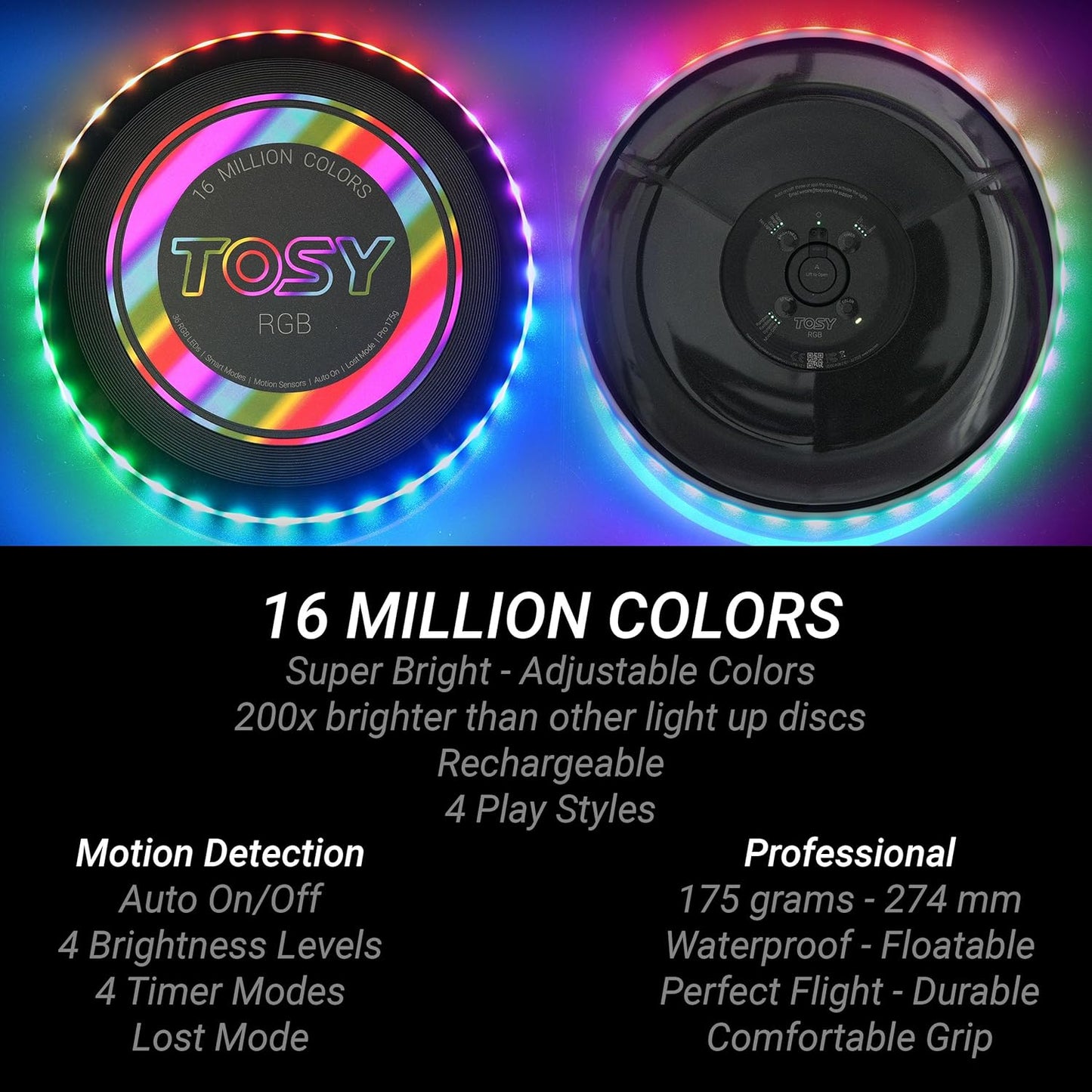 TOSY Flying Disc - 16 Million Colors RGB or 36 LEDs, Extremely Bright, Smart Modes, Camping