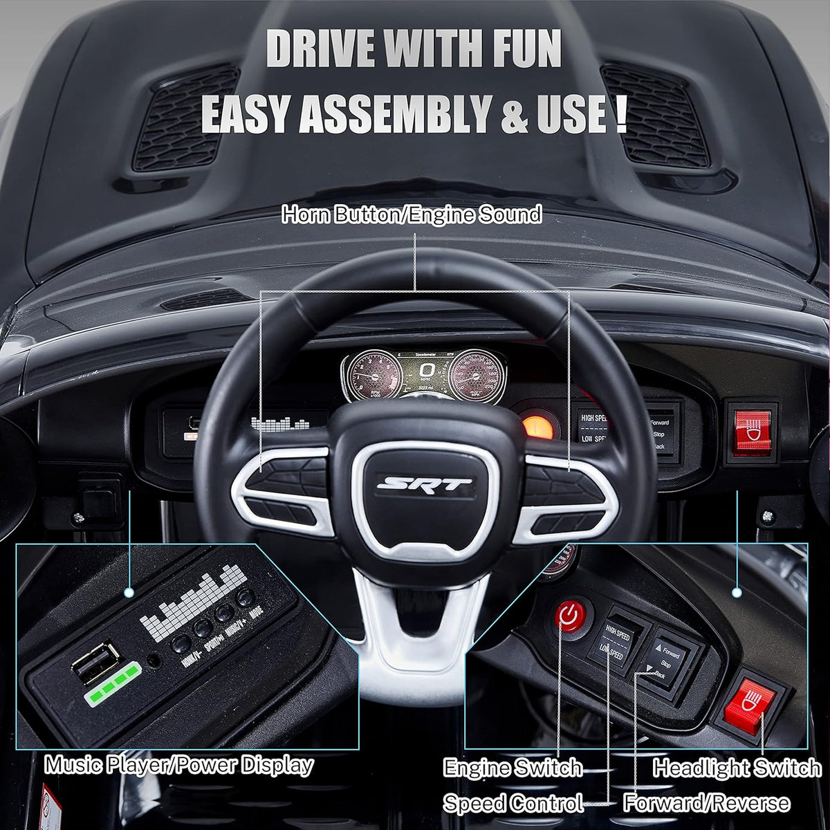 12V 7Ah Kids Electric Ride on Car, Licensed Dodge Charger SRT Hellcat, Battery Powered 4-Wheels Toy