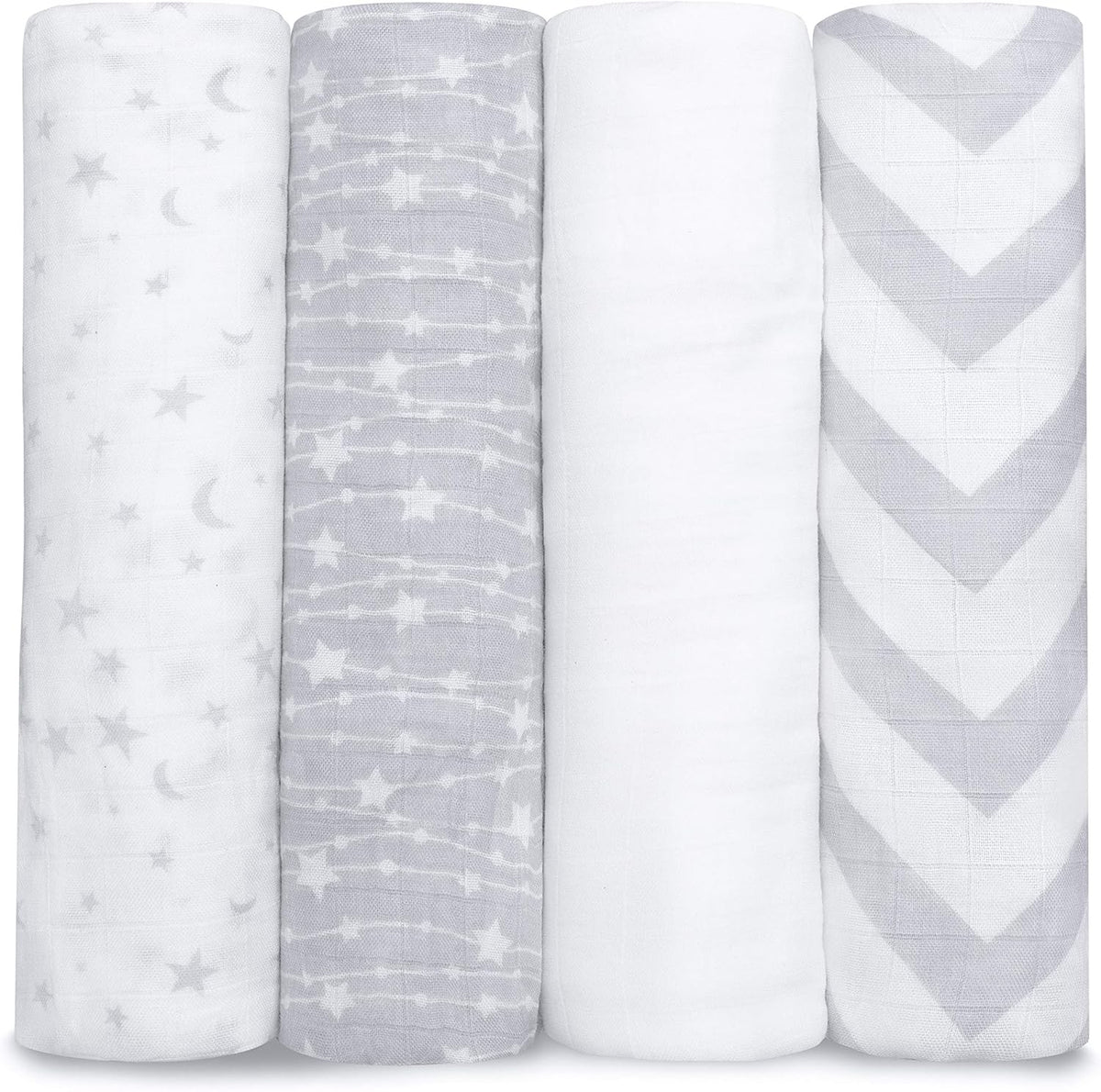 Comfy Cubs Muslin Swaddle Blankets Pack of 4, 47 x 47 Inches, Soft Cotton Baby Blanket Set, Large