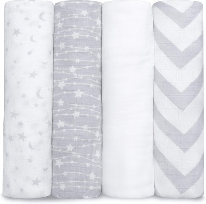 Comfy Cubs Muslin Swaddle Blankets Pack of 4, 47 x 47 Inches, Soft Cotton Baby Blanket Set, Large