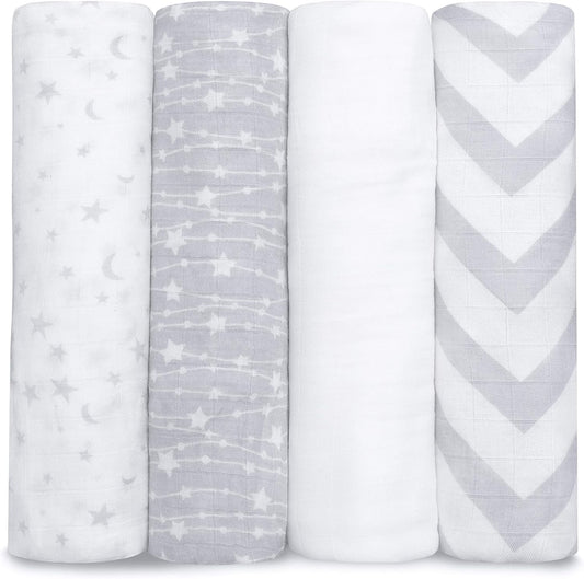 Comfy Cubs Muslin Swaddle Blankets Pack of 4, 47 x 47 Inches, Soft Cotton Baby Blanket Set, Large