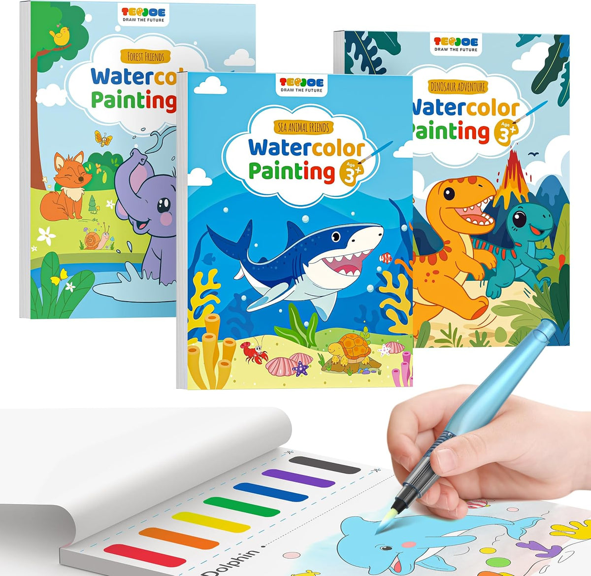 TECJOE 3 Pack Paint With Water Coloring Books for Toddlers, Watercolor Paint Set with 6 Brushes