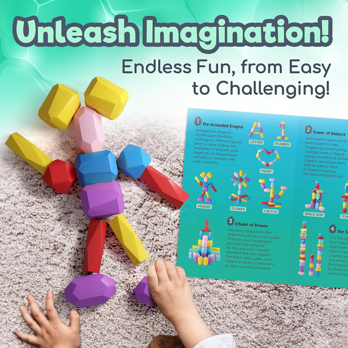 Wooden Stacking Blocks – Montessori Toys for 1 2 3 4 5 6 Year Old Toddlers and Kids, No Choking