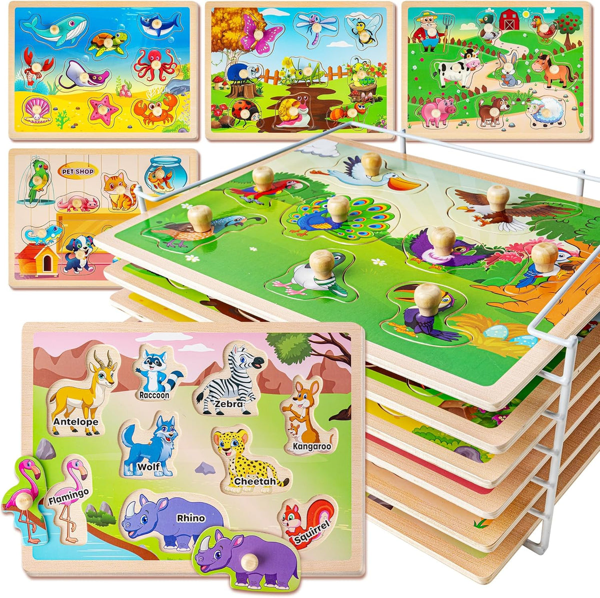 SYNARRY Wooden Puzzles for Toddlers 1-3, 6XSET Animals Puzzles for Toddlers 2-4 with Rack, Toddler