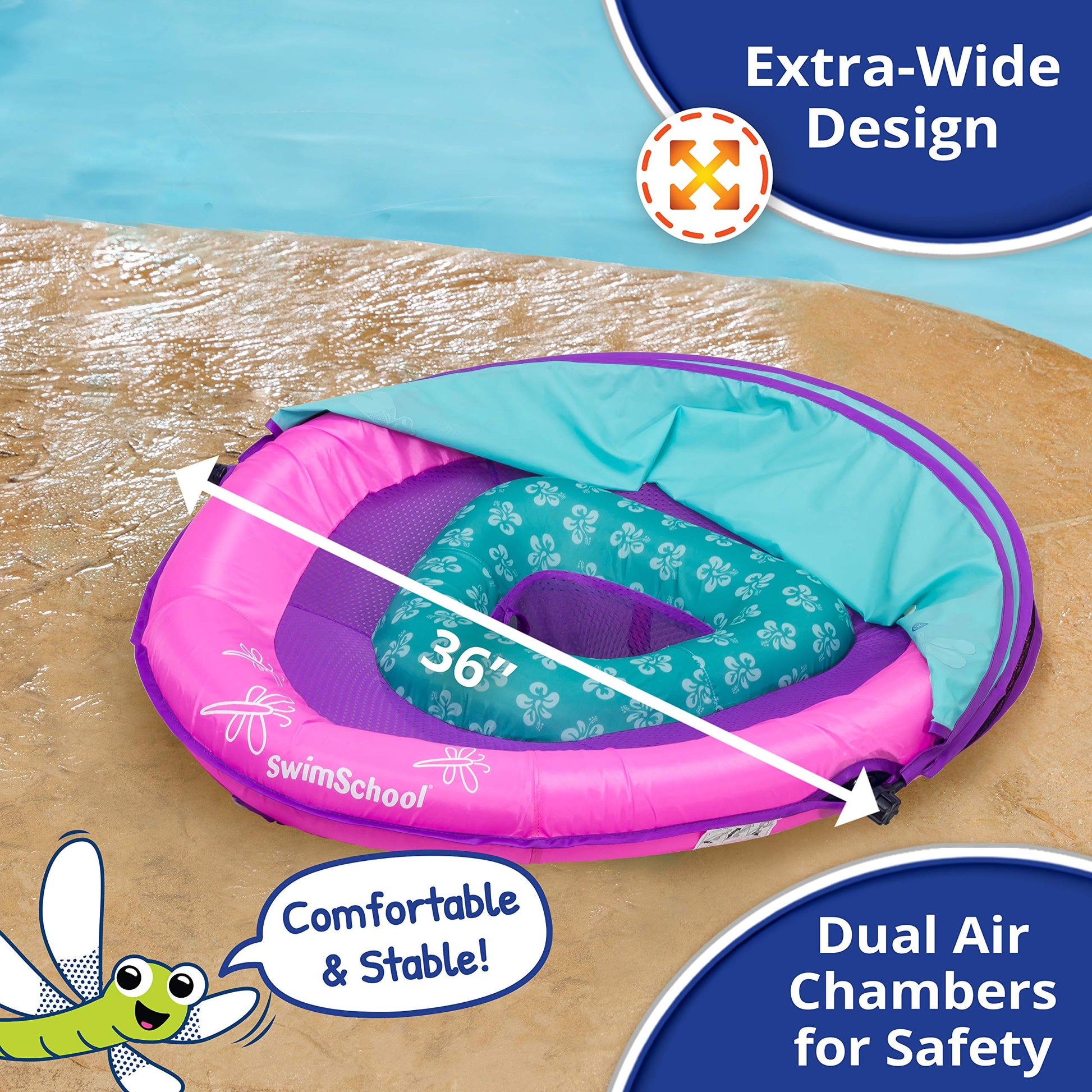 SwimSchool Deluxe Baby Pool Float with Adjustable Canopy - 6-24 Months - Baby Swim Float with