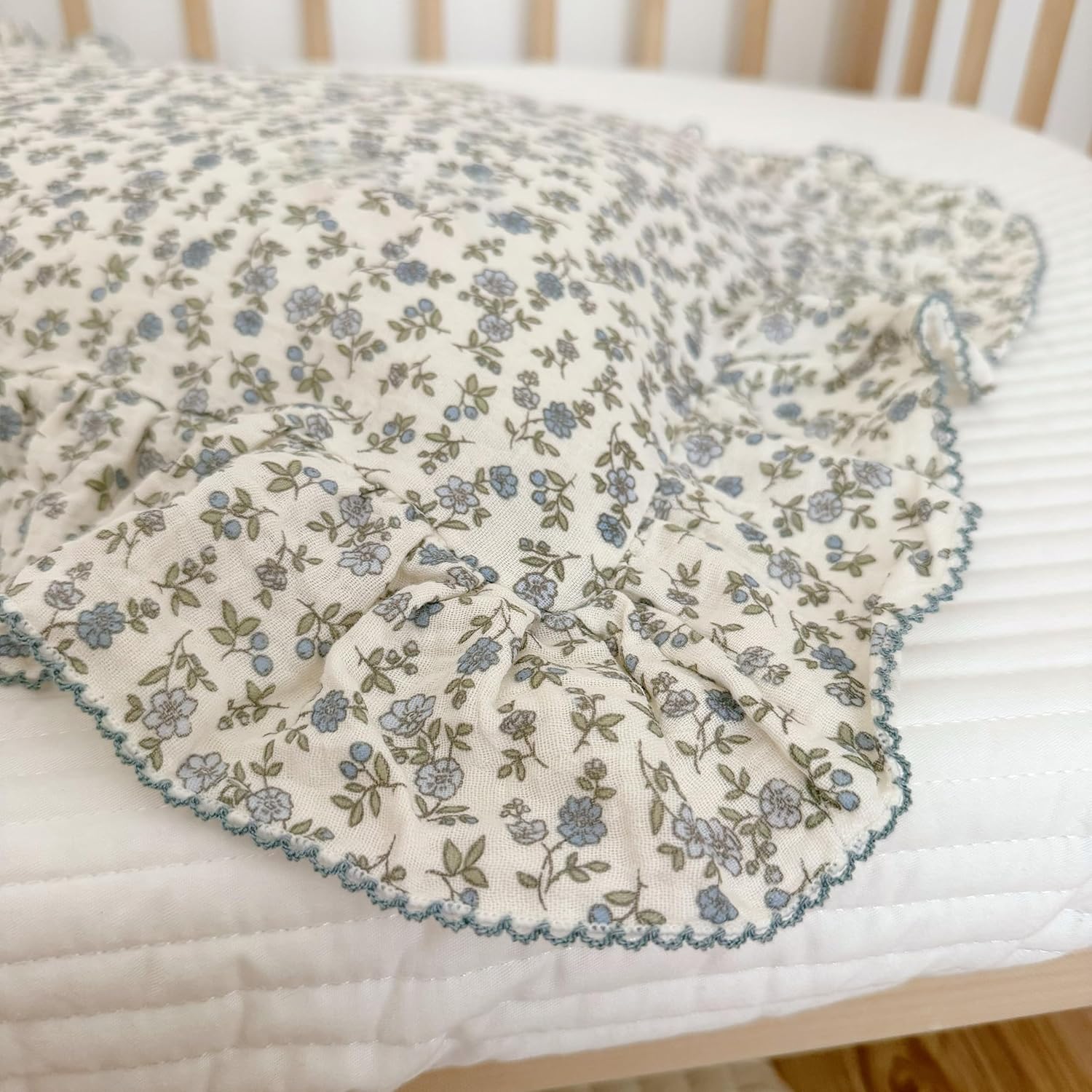 BuLuTu 2 Layers Muslin Cotton Toddler Pillowcase, 1 pc, 14"x20", Shabby Chic Blue Floral Print