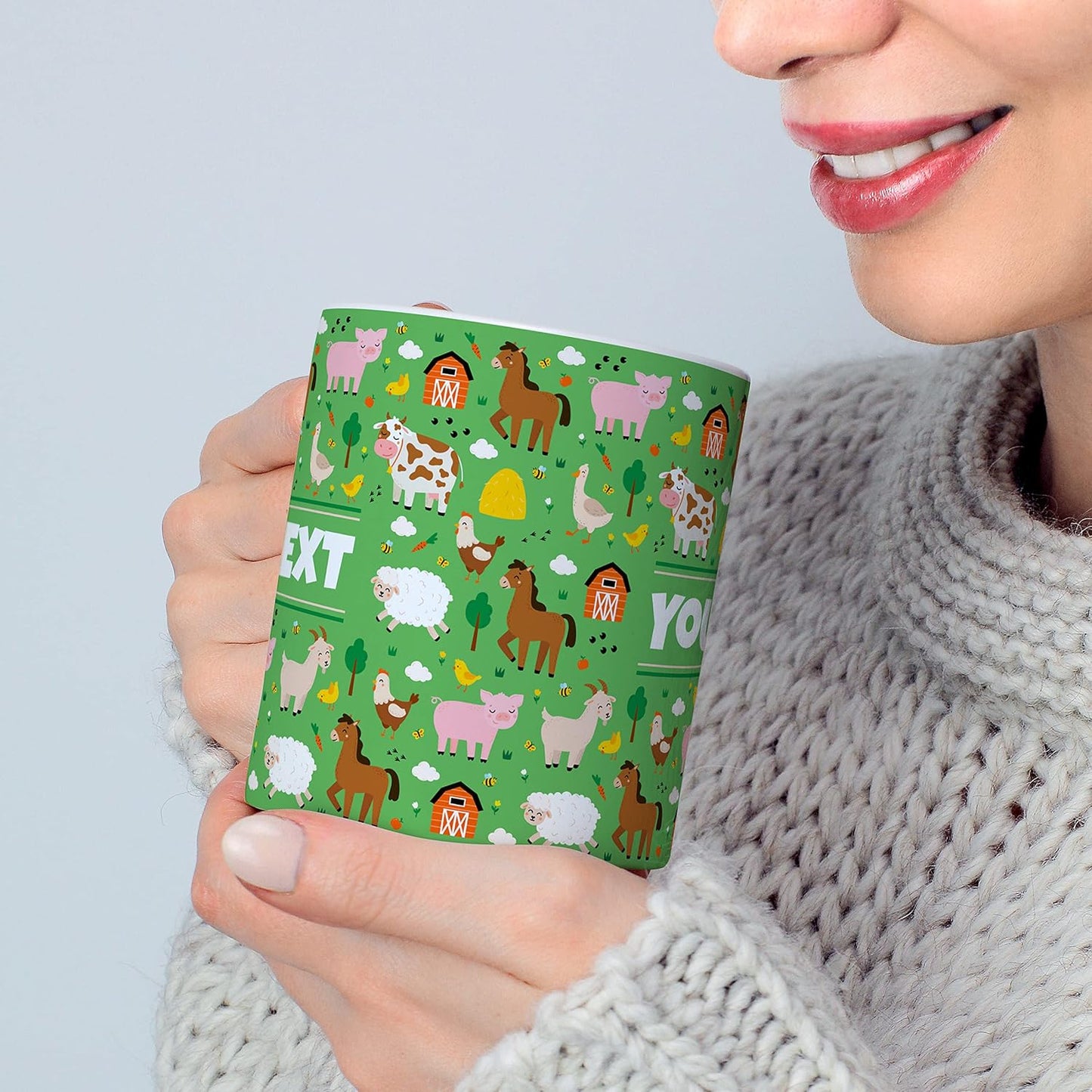 Personalized Mug for Kids - Farm Animals - Custom Name/Text, Ceramic Hot Chocolate/Cocoa/Coffee Cup