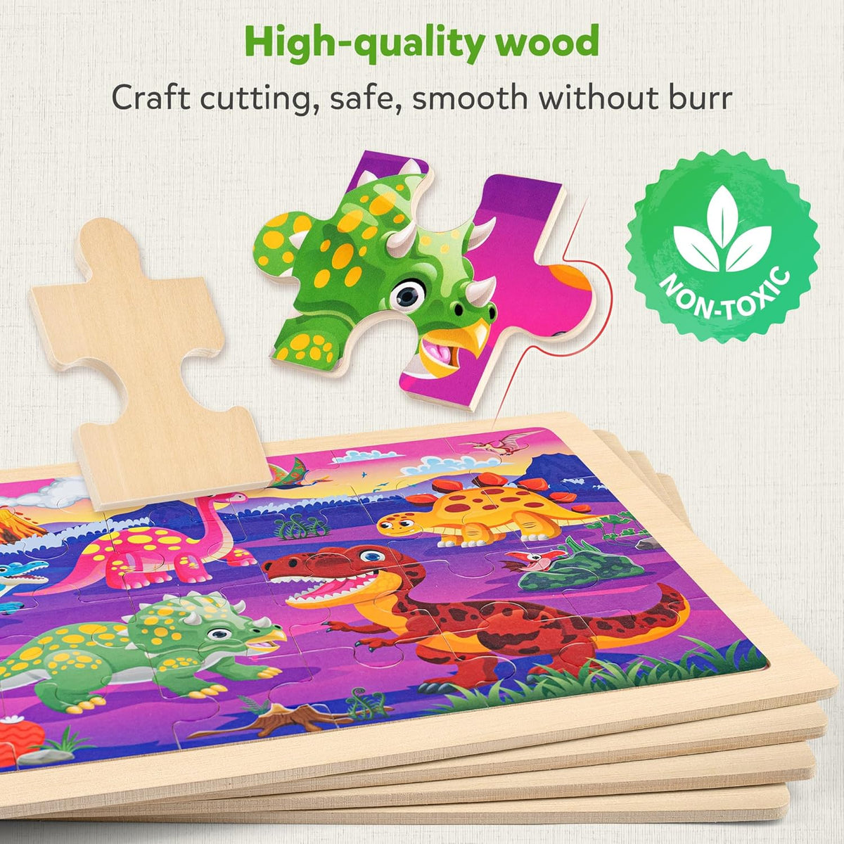 SYNARRY Large Wooden Dinosaur Puzzles for Toddlers 2-4, Wood Dino Puzzles for Kids Ages 4-6