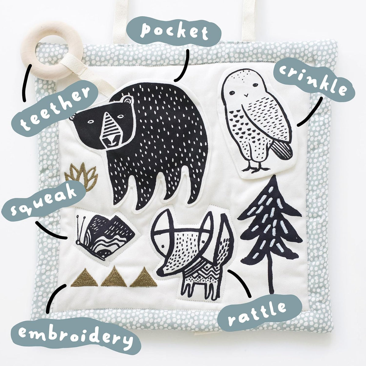 Wee Gallery Woodland Activity Pad Organic Baby Play Mat with Sensory Toys, High Contrast Newborn