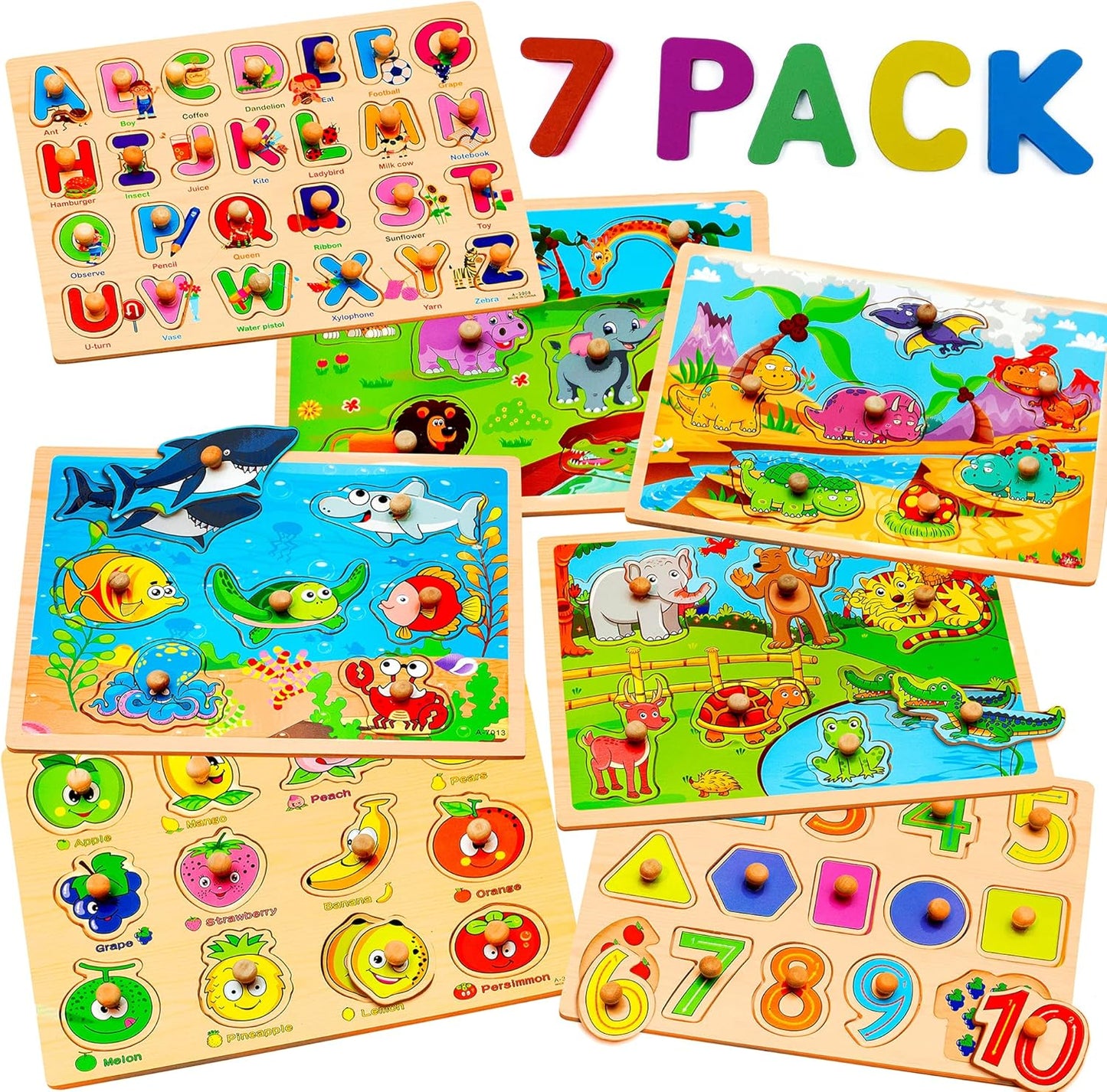 7 Pack Wooden Puzzles for Toddlers 2 3 4 5 Years Old - 7 Colorful Chunky Wood Peg Puzzles for Kids
