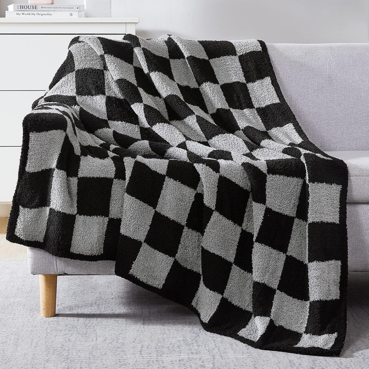 WRENSONGE Checkered Throw Blanket, Black Grey Checkered Soft Cozy Fluffy Warm Hand Made Throw