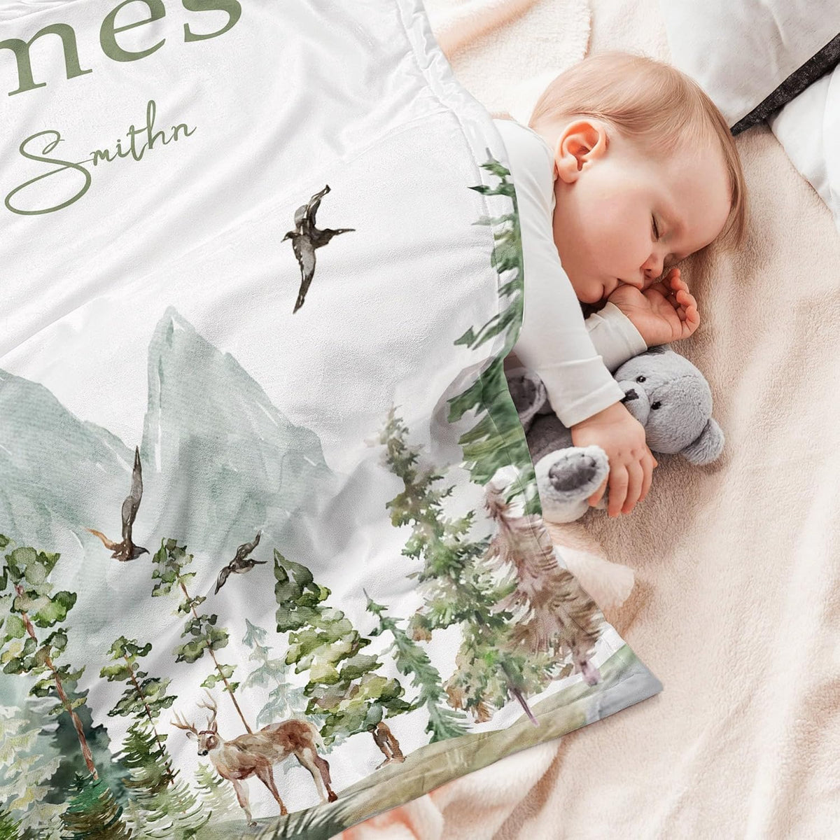 Personalized Woodland Baby Blanket with Name Custom Name Blanket for Boy Newborn Expect Mom