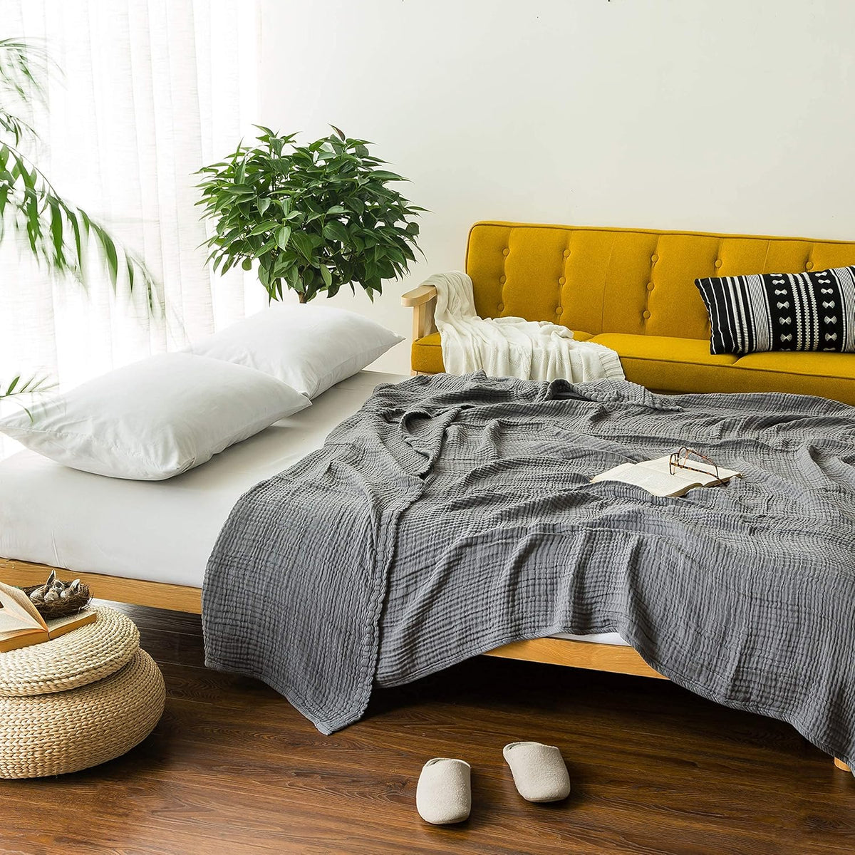 EMME Muslin Grey Twin Blanket 100% Cotton Bed Blankets for Adults and Baby 60"x80" Lightweight Soft